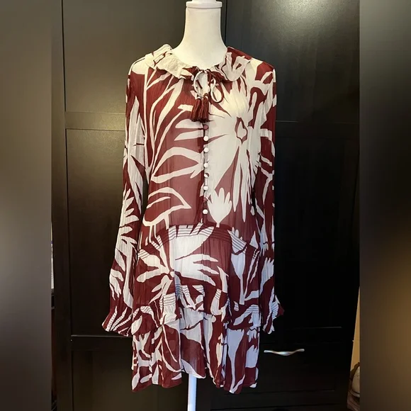 Anthropologie Marais Chiffon Mini Dress w/ ruffled skirt. Maroon, white. L-XL - Picture 6 of 15